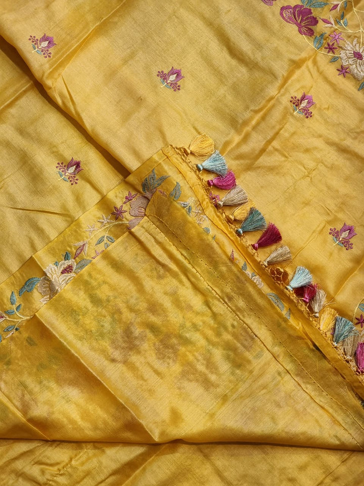 Pure Tussar Moonga Silk Embroidery Saree With Running Blouse