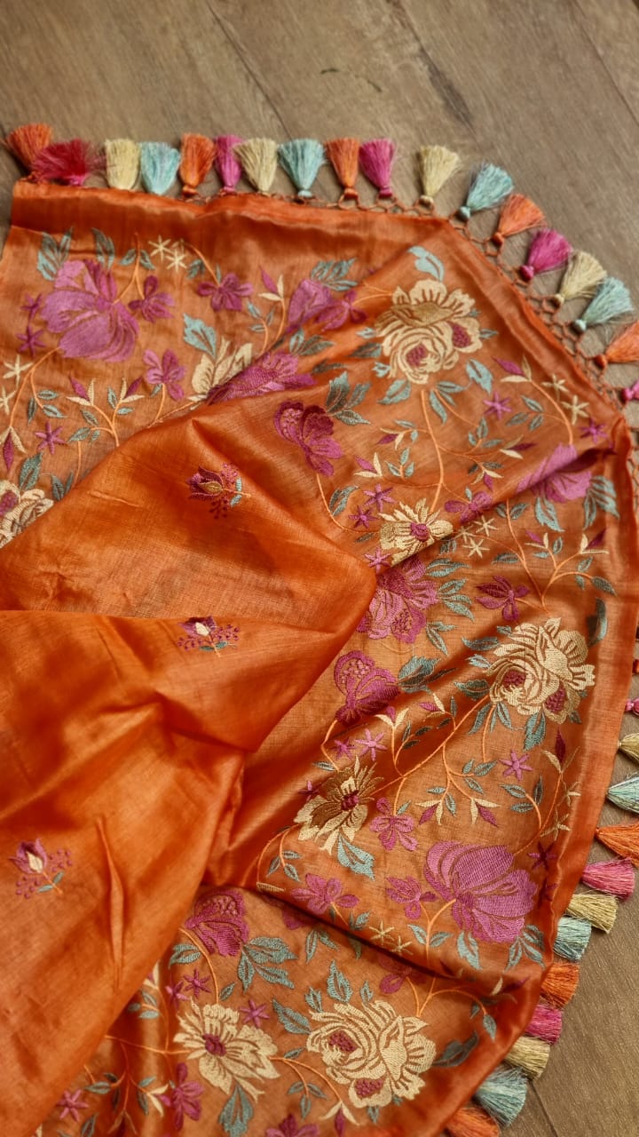 Pure Tussar Moonga Silk Embroidery Saree With Running Blouse