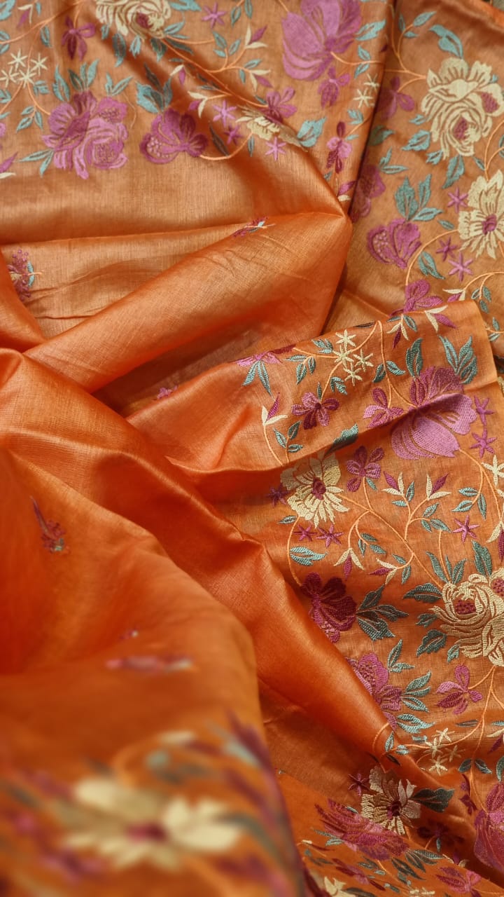 Pure Tussar Moonga Silk Embroidery Saree With Running Blouse