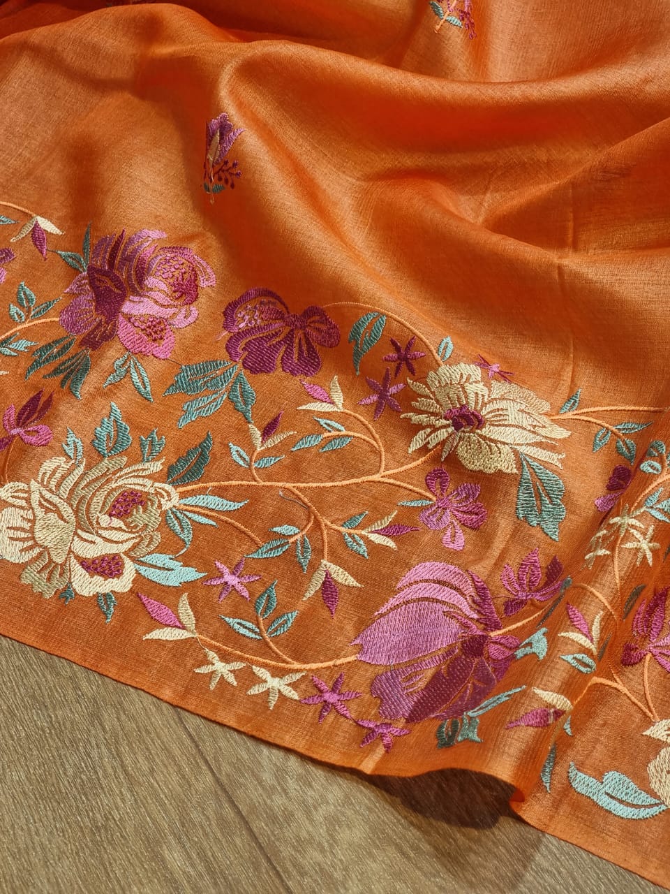 Pure Tussar Moonga Silk Embroidery Saree With Running Blouse