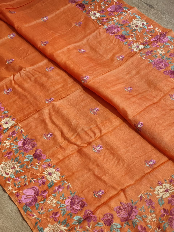 Pure Tussar Moonga Silk Embroidery Saree With Running Blouse