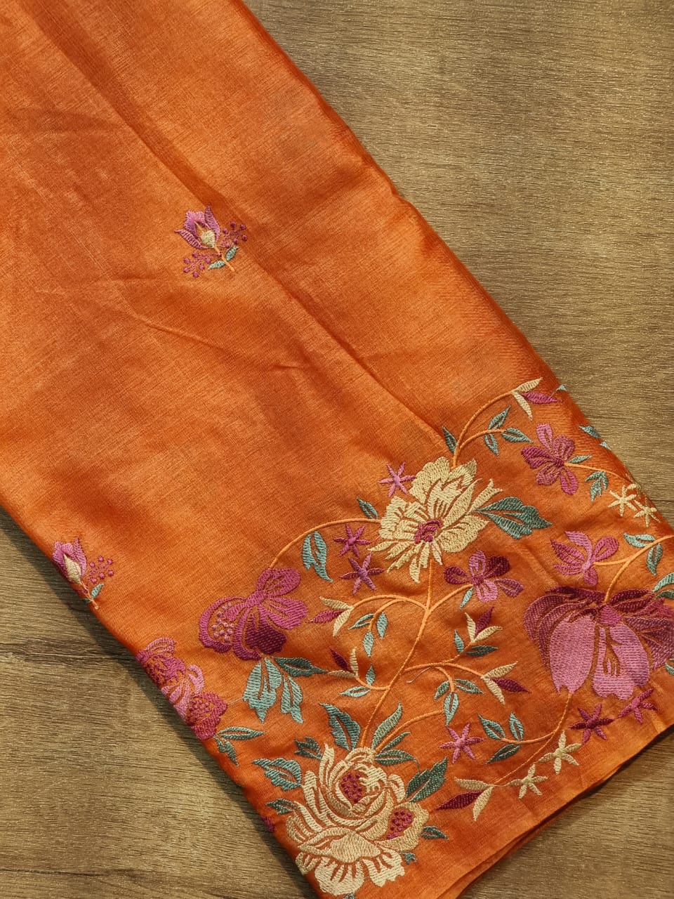 Pure Tussar Moonga Silk Embroidery Saree With Running Blouse