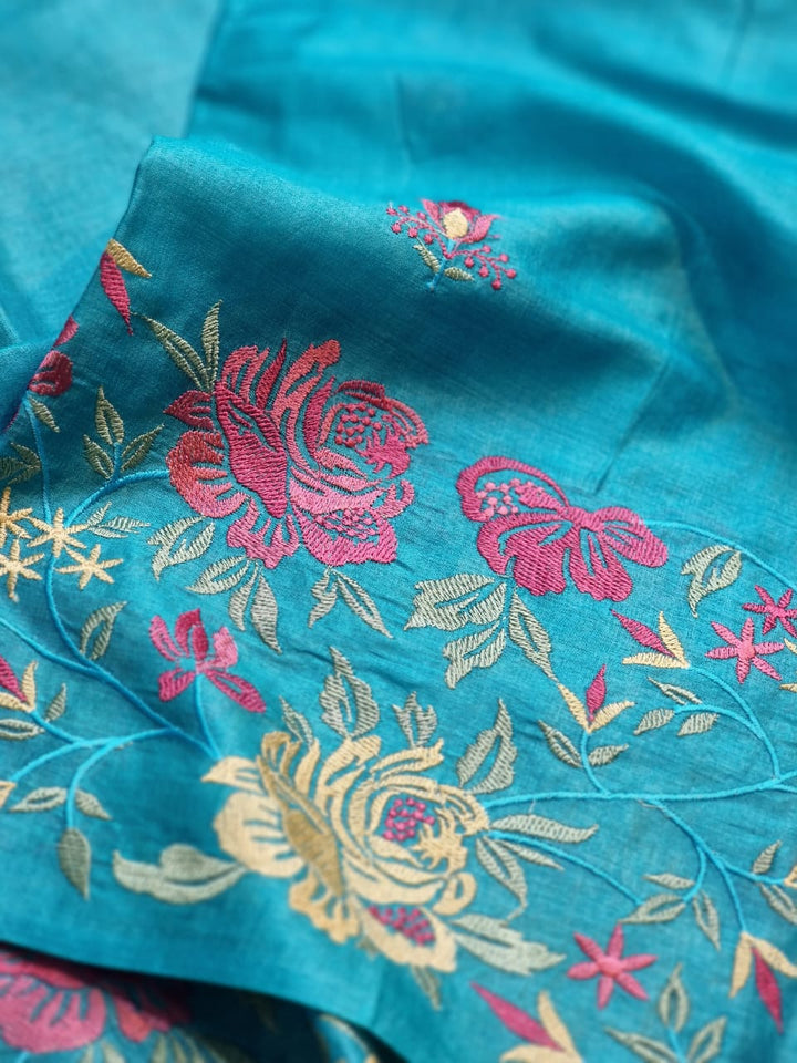 Pure Tussar Moonga Silk Embroidery Saree With Running Blouse