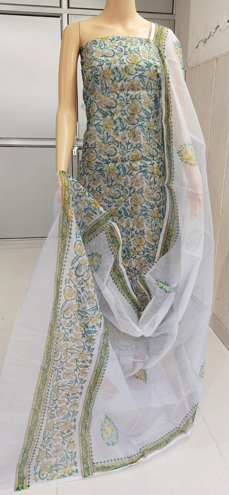 Pure Kota Doriya Hand Block Print Unstitched Suit With Dupatta (Without Bottom )