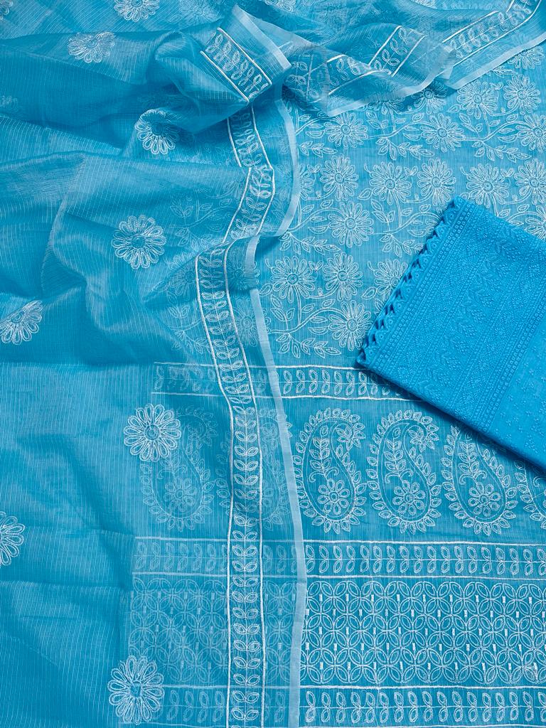 Pure Cotton Kota Doriya Embroidery Work Unstitched Suit With Chikankari Bottom.