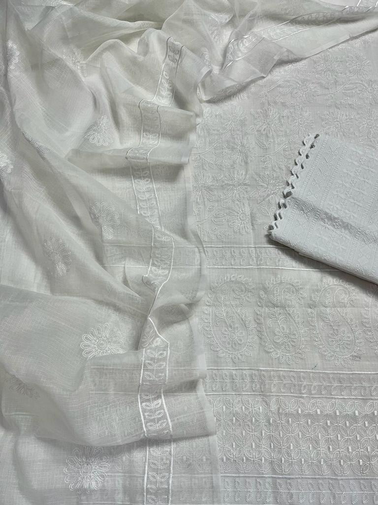 Pure Cotton Kota Doriya Embroidery Work Unstitched Suit With Chikankari Bottom.