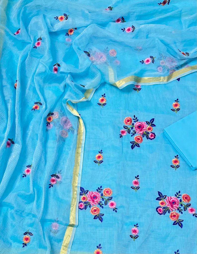 Pure Cotton Kota Doriya Embroidery Work Unstitched Suit With Kota Doriya Dupatta.