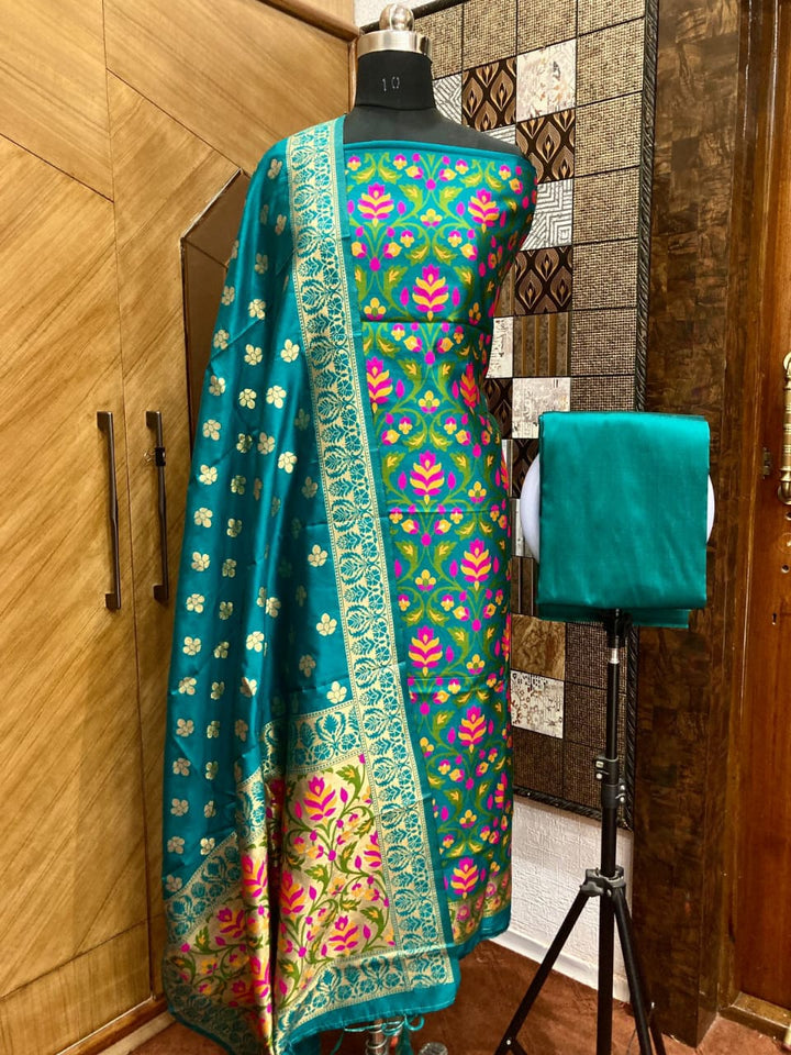 Pure Banarasi Cotton Jamdani Weaved Zari And Meenakari Work Unstitched Suit .