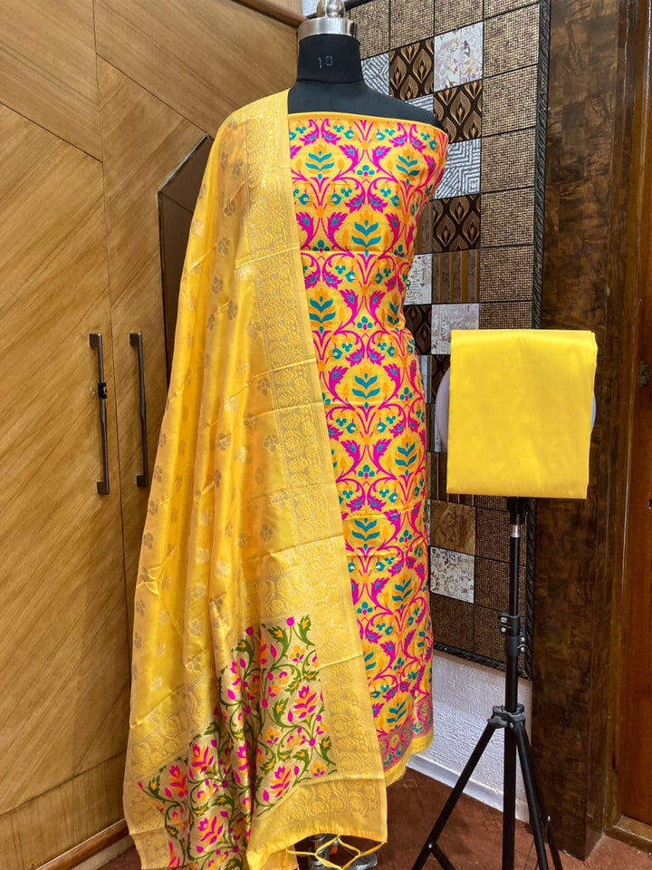 Pure Banarasi Cotton Jamdani Weaved Zari And Meenakari Work Unstitched Suit .