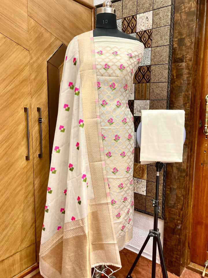 Pure Banarasi Chanderi Silk Weaved Unstitched Suit With Chanderi Dupatta.