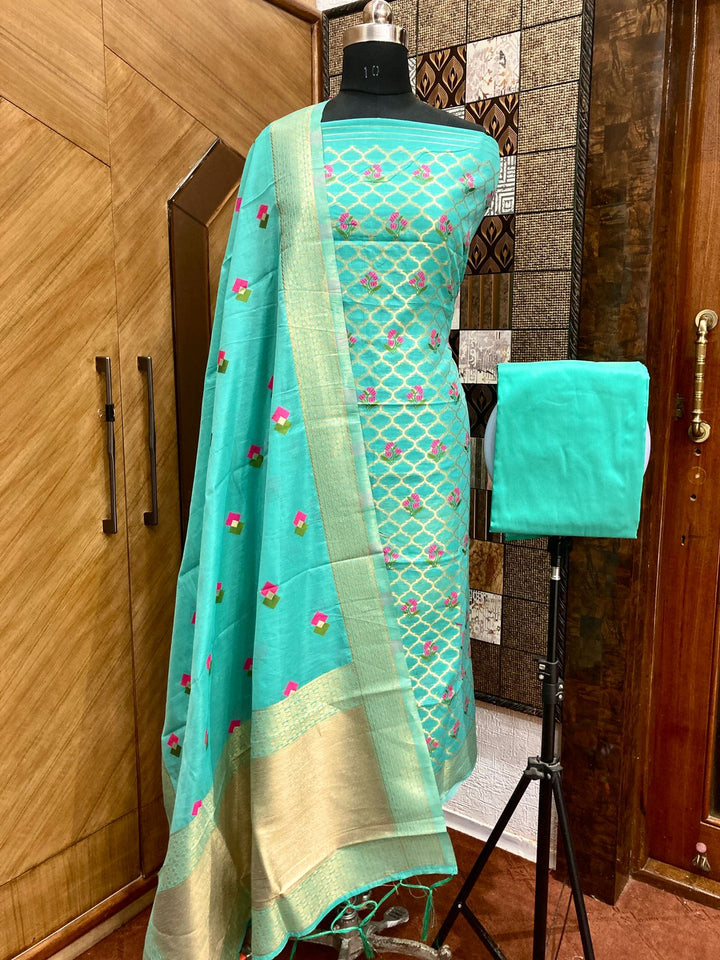 Pure Banarasi Chanderi Silk Weaved Unstitched Suit With Chanderi Dupatta.