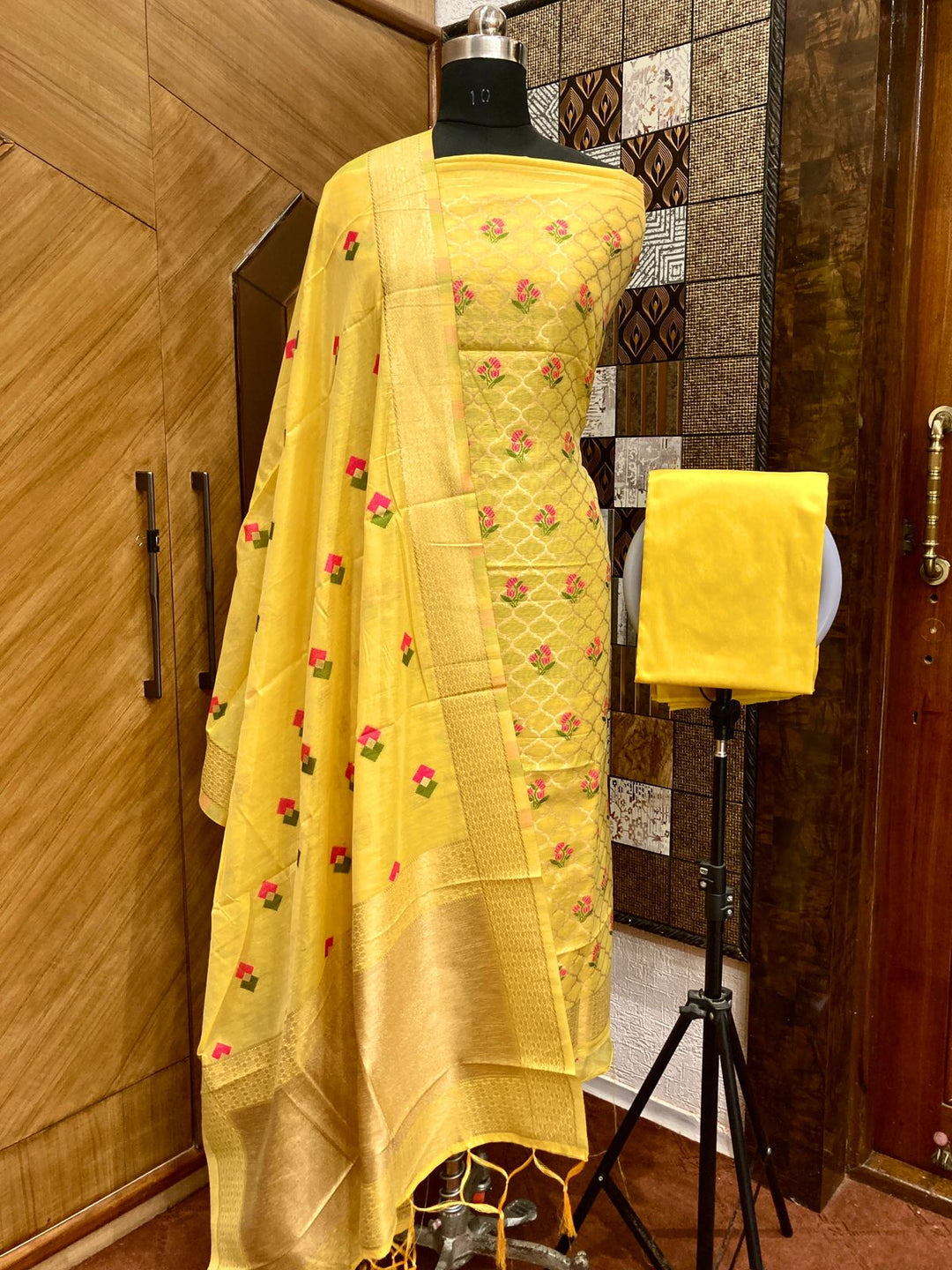 Pure Banarasi Chanderi Silk Weaved Unstitched Suit With Chanderi Dupatta.