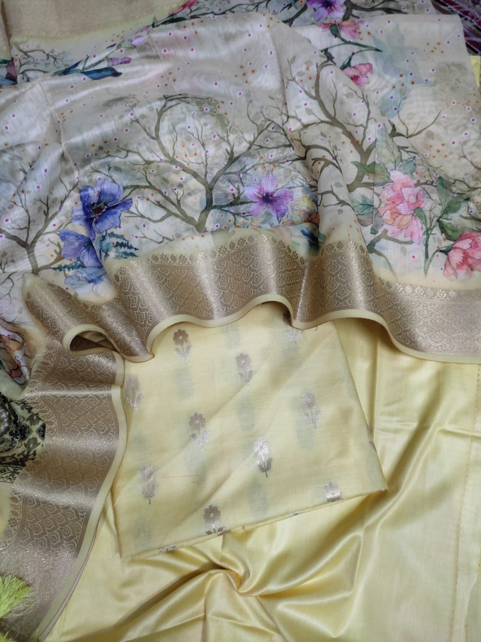 Pure Banarasi Cotton Chanderi Silk Zari Work Unstitched Suit With Digital Print Dupatta.