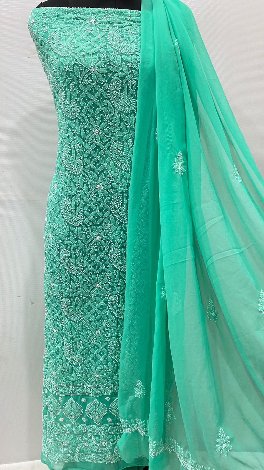 Pure Chiffon Georgette Chikankari Hand Embroidery Unstitched Suit.