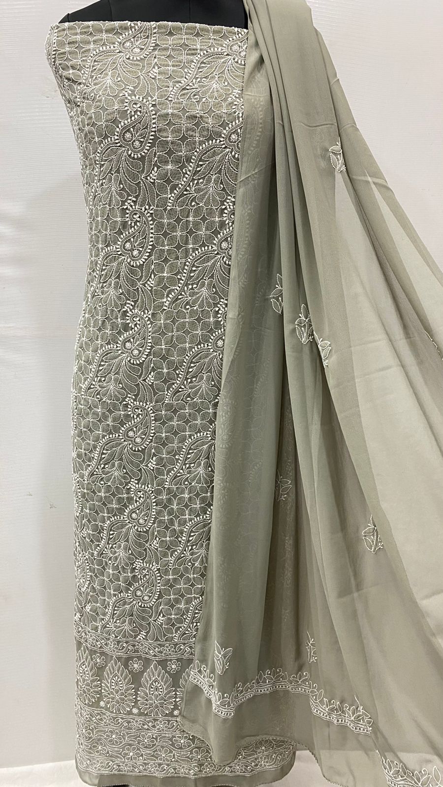 Pure Chiffon Georgette Chikankari Hand Embroidery Unstitched Suit.