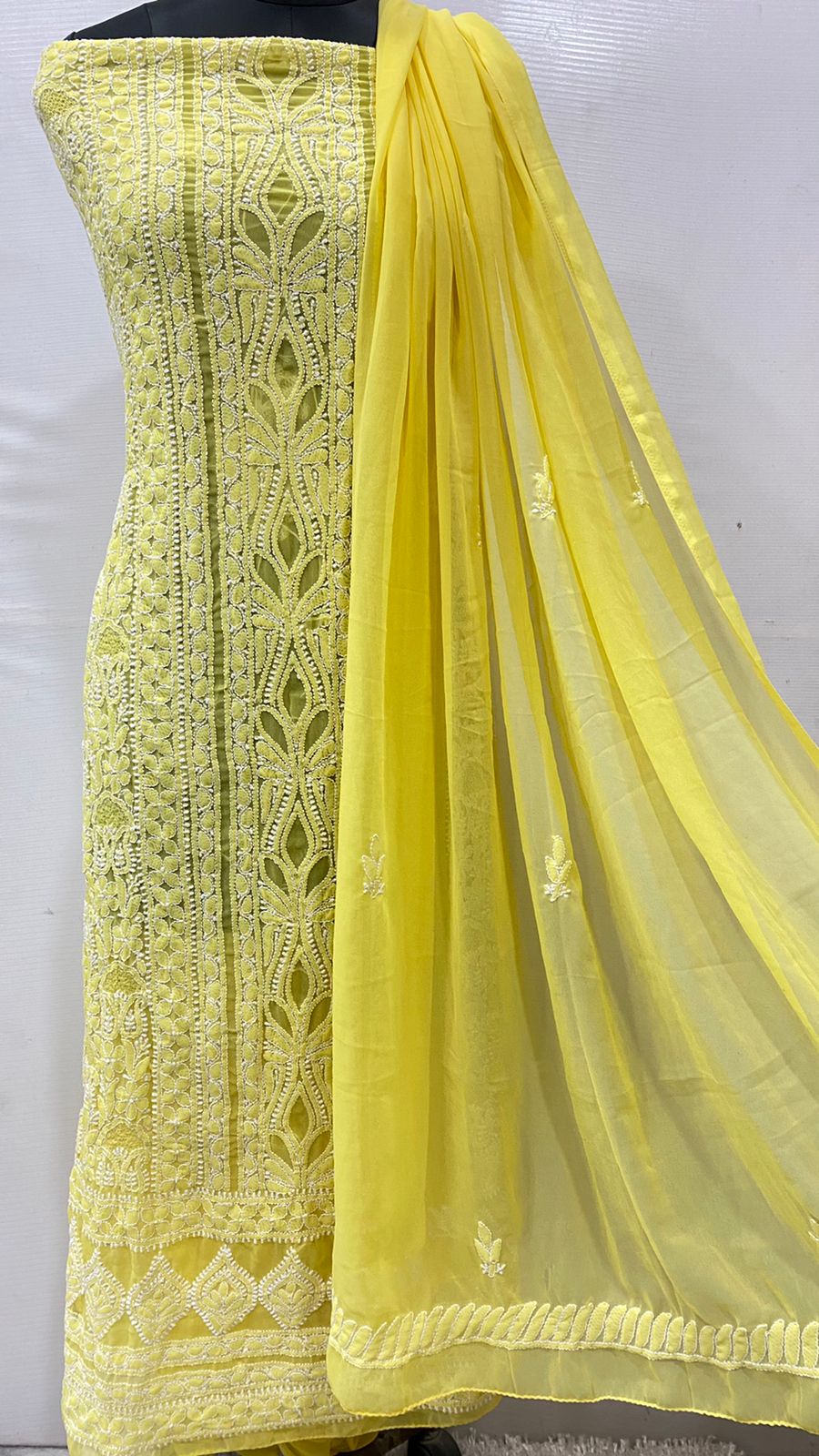 Pure Chiffon Georgette Chikankari Hand Embroidery Unstitched Suit.