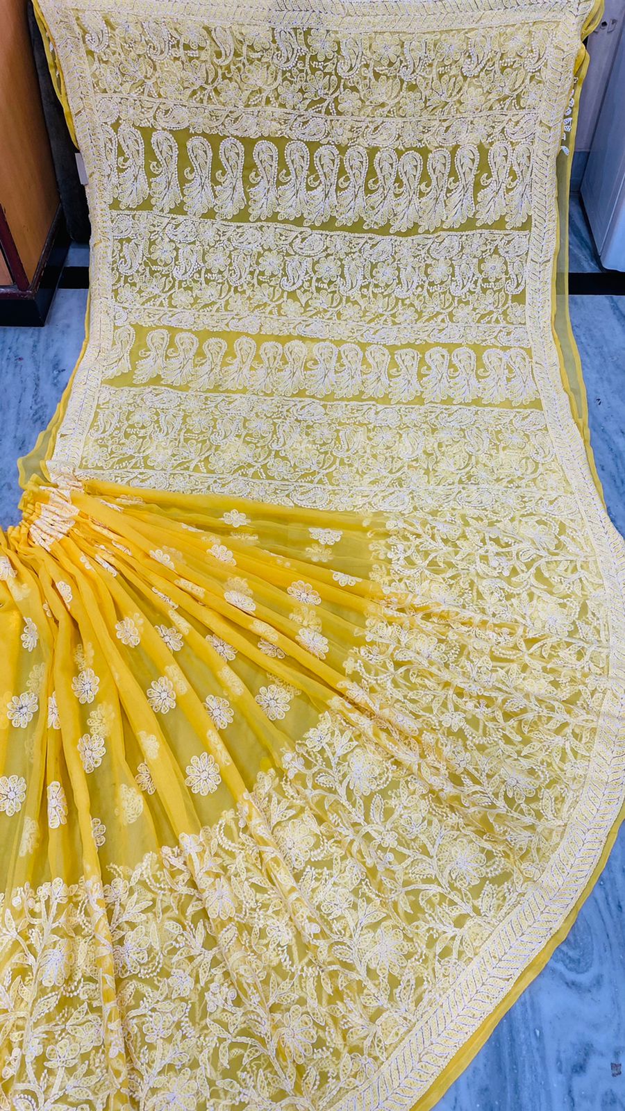 Pure Chiffon Georgette Chikankari Hand Embroidery Half Jaal Work Saree