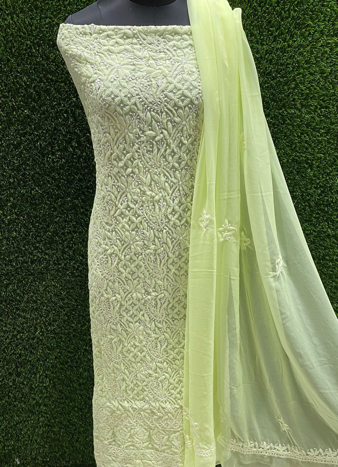 Pure Chiffon Georgette Chikankari Hand Embroidery Unstitched Suit.