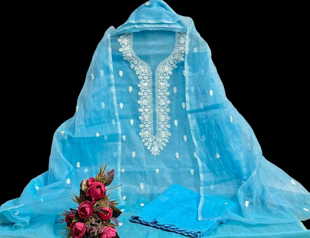 Pure Kota Doriya Embroidery Work Unstitched Suits With Kota Doriya Dupatta & Chikankari Bottom .