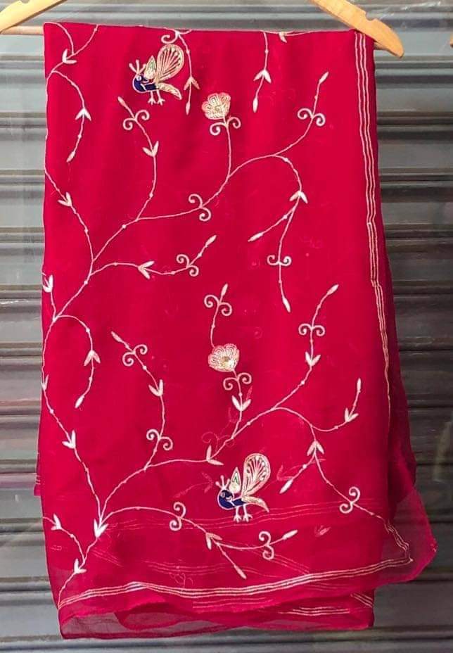 Pure Dimond Chiffon Peacock Jaal Work Saree With Running Blouse