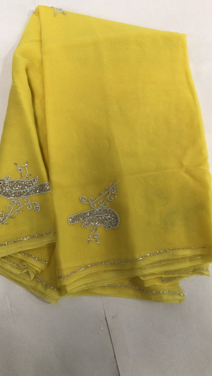 Pure Dimond Chiffon Cutdana Moti Work 13 Heavy Bird Butties Saree With Running Blouse