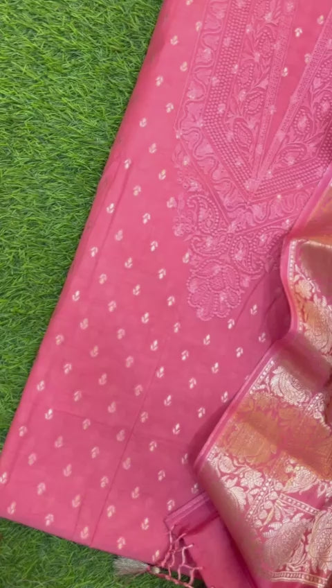 Pure Banarsi handloom Chanderi Zari Neck Embroidered Unstitched Suit With Chanderi Silk Zari Dupatta