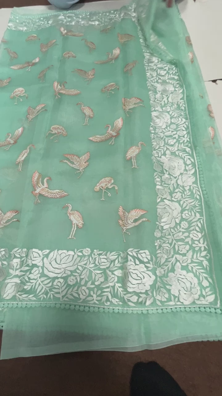 Pure Organza Silk Embroidery Parsi Border/flamingo bird with Crochet lace Work Saree .