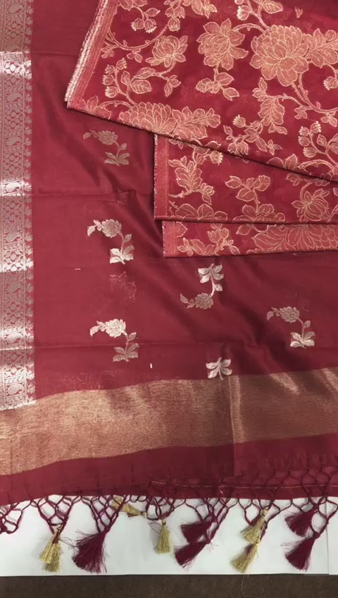 Pure Banarsi Silk Chanderi Light Zari Weaved Unstitched Suit With Banarsi Silk Buti Weaved Dupatta.