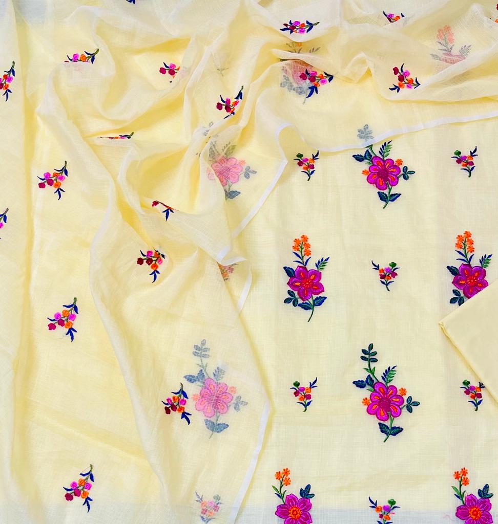 Pure Kota Doriya Embroidery Work Unstitched Suits With Kota Doriya Dupatta