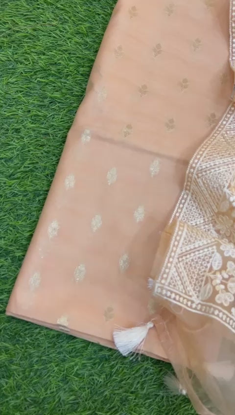 Pure Banarsi Resham Chanderi Silk Zari Buti Woven Unstitched Suit With Organza Silk Embroidery Dupatta