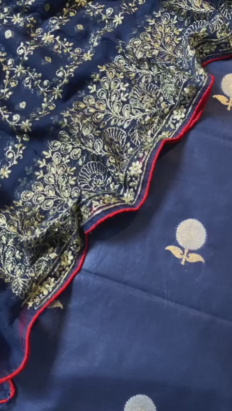 Pure Banarasi Chanderi Silver Gold Zari Work Unstitched Suit With Banarasi Chinon Zari Embroidery Dupatta.