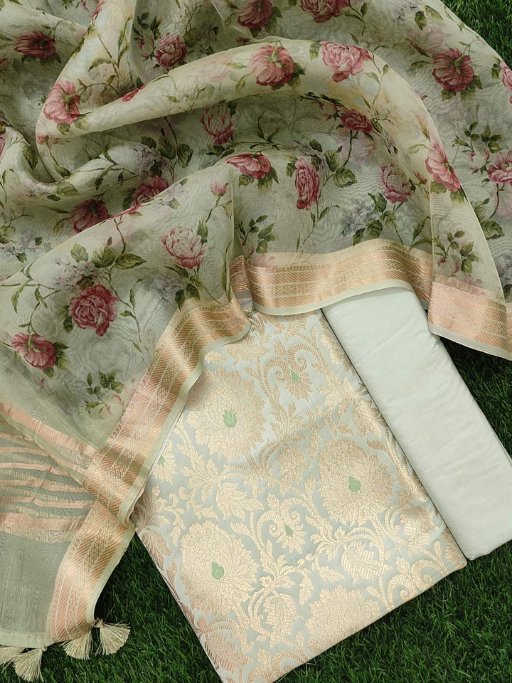 Pure Banarasi Brocade Silk Suit With Organza Silk Printed Dupatta